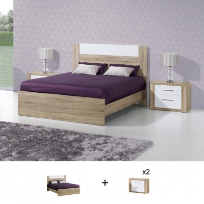 Pack Dormitorio Completo Paris c/ Somier (Roble Natura/Blanco) + 2 Mesitas de Noche (195x140cm)