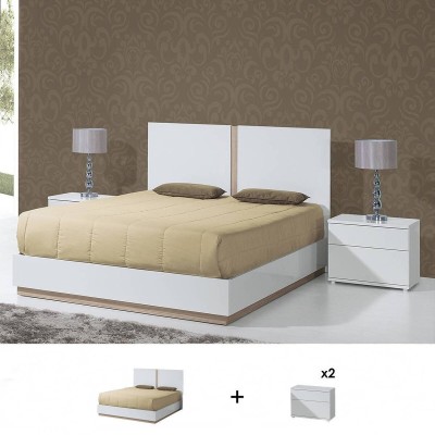 Pack Dormitorio Completo Chiado (Blanco/Roble) + 2 Mesitas de Noche + Somier (200x150cm)