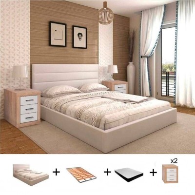 Pack Cama New York c/ 2 Mesitas de Noche Lara + Somier + Colchón Premium 17HR (190x140cm)